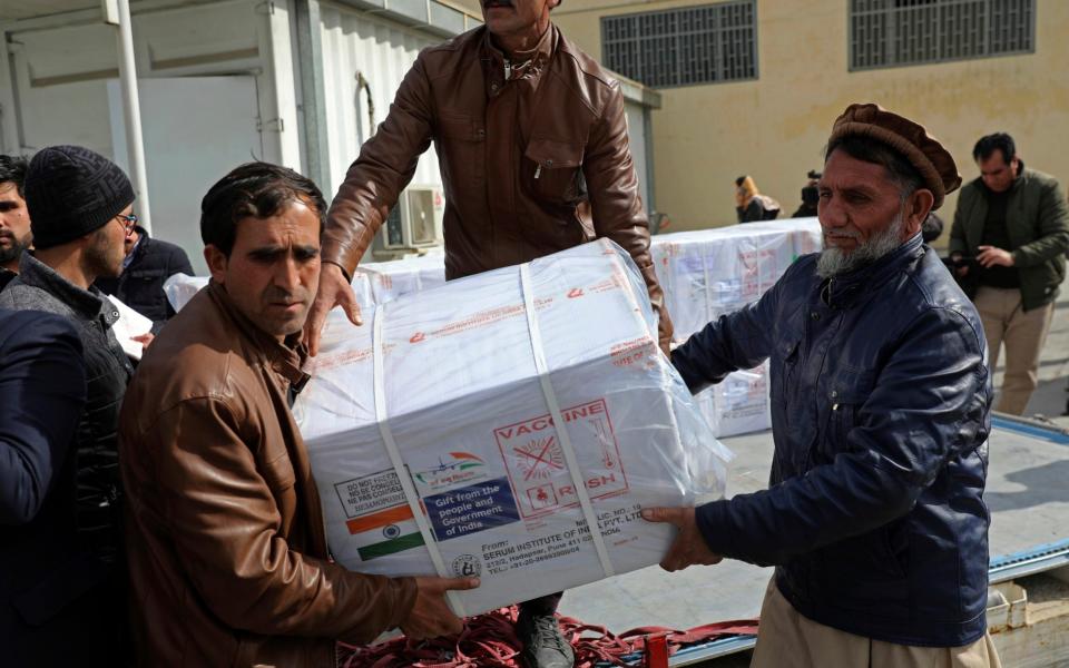 Afghan health ministry workers unload boxes of vaccines  -  Rahmat Gul/ AP