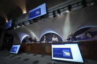 From left, Ben Broadbent, Deputy Governor for Monetary Policy, Andrew Bailey, Governor of the Bank of England, Katie Martin, Head of Media and Stakeholder Engagement and Deputy Governor for Markets and Banking Dave Ramsden during the Bank of England Monetary Policy Report press conference at the Bank of England in London, Thursday Feb. 2, 2023. (Yui Mok/Pool via AP)