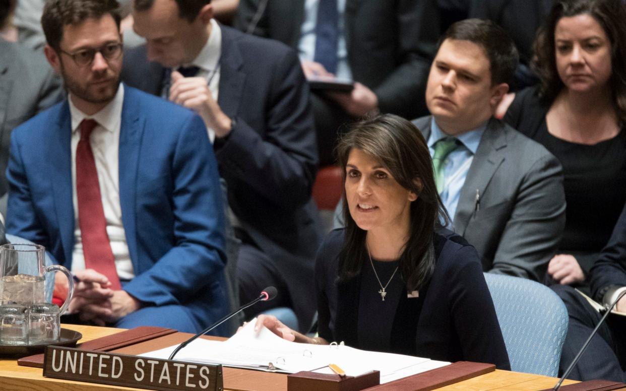 U.S. Ambassador to the United Nations Nikki Haley speaks during a Security Council meeting on the situation between Britain and Russia - AP