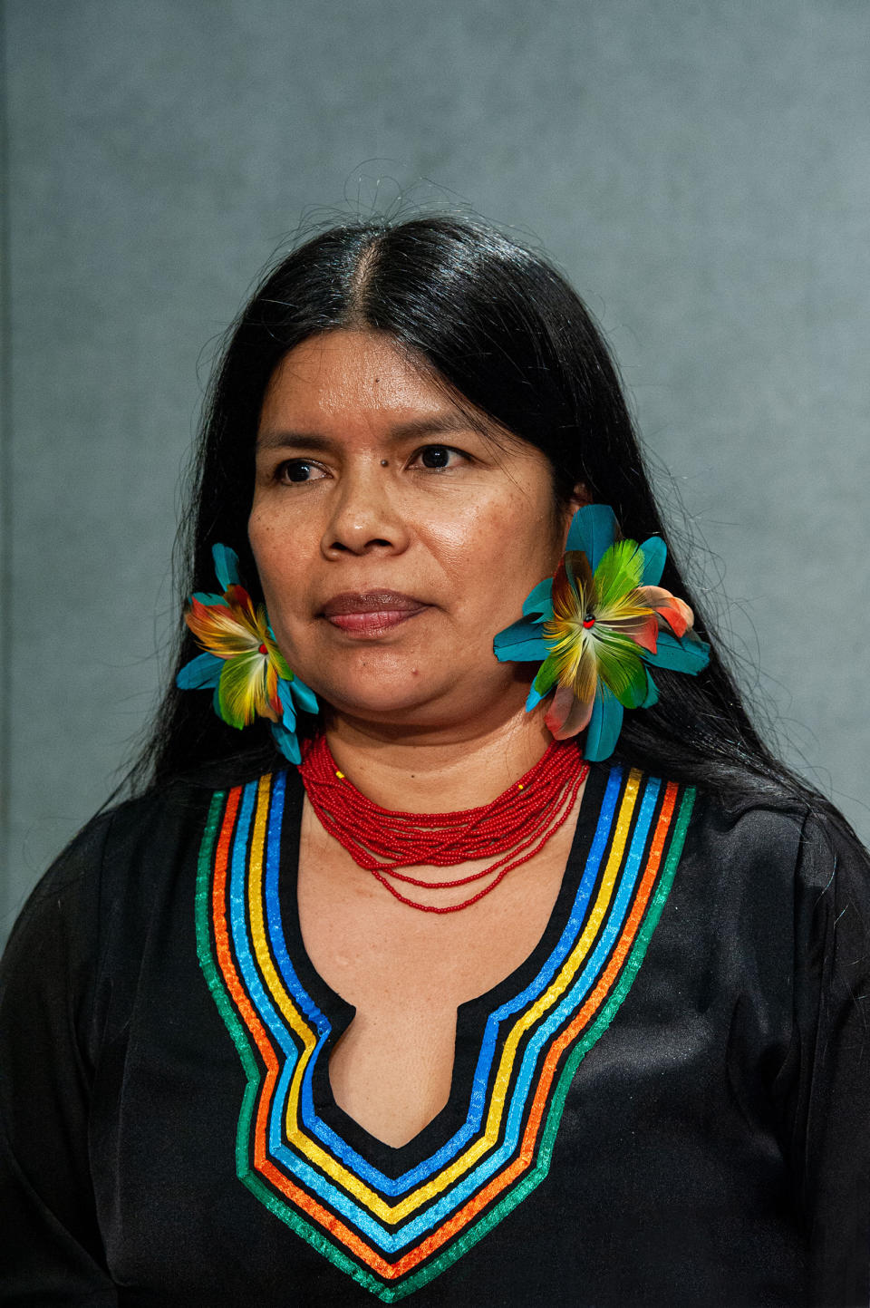 Patricia Gualinga, Indigenous Leader in the Defense of Human Rights of the Kichwa Communities of Sarayaku (Ecuador) speaks at the Press Office of the Holy See in the Vatican on Oct 17, 2019. | PA Images/Sipa USA