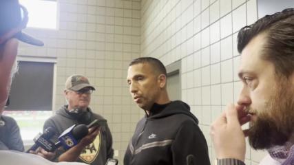 Iowa State football coach Matt Campbell speaks with reporters at Cyclone Tailgate Tour