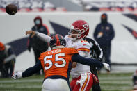 Kansas City Chiefs quarterback Patrick Mahomes throws a pass under pressure from Denver Broncos outside linebacker Bradley Chubb (55) during the first half of an NFL football game Sunday, Oct. 25, 2020, in Denver. (AP Photo/Jack Dempsey)