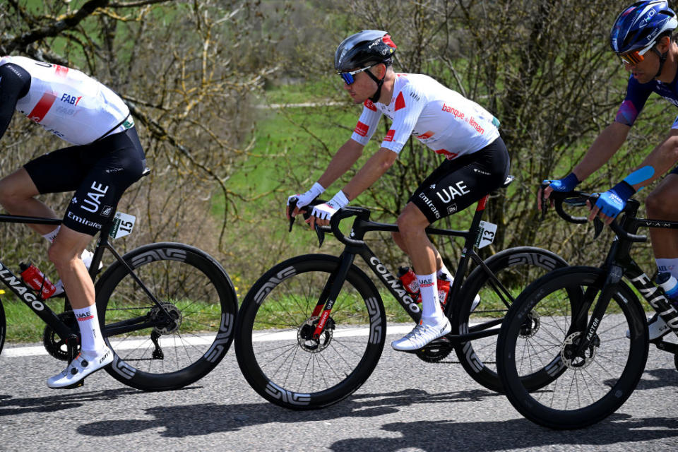 LA CHAUXDEFONDS SWITZERLAND  APRIL 27 Juan Ayuso of Spain and UAE Team Emirates  White best young jersey competes during the 76th Tour De Romandie 2023 Stage 2 a 1627km stage from Morteau to La ChauxdeFonds  UCIWT  on April 27 2023 in La ChauxdeFonds Switzerland Photo by Dario BelingheriGetty Images