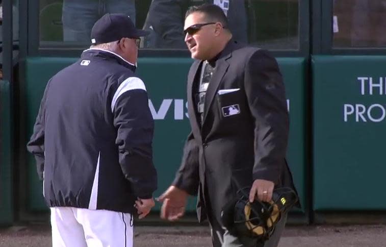 Tigers manager Ron Gardenhire gets his money’s worth after being ejected in his team’s season-opening loss to the Pirates. (MLB.TV)