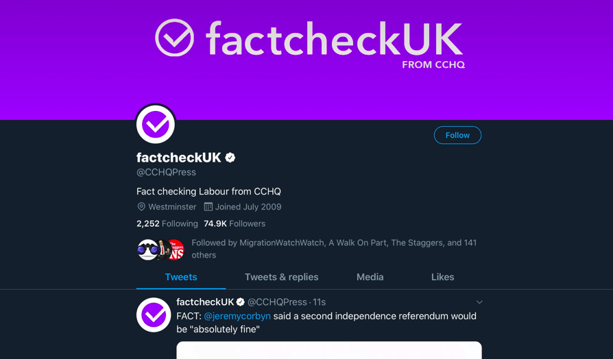 The Tories were criticised for changing its Twitter account to 'factcheckUK' during the leaders' debate (Twitter)