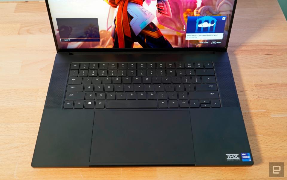 <p>Razer Blade 16 top down view of the keyboard and trackpad</p>
