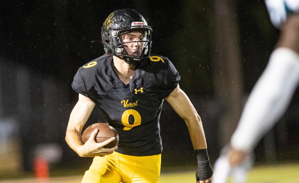 Carter Smith, the quarterback for Bishop Verot runs the ball for yards against Gulf Coast High School at Bishop Verot on Friday, Sept. 16, 2022. Bishop Verot won.  