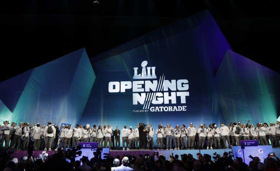 Philadelphia Eagles players are introduced during NFL football Super Bowl 52 Opening Night Monday, Jan. 29, 2018, at the Xcel Center in St. Paul, Minn. (AP Photo/Eric Gay)