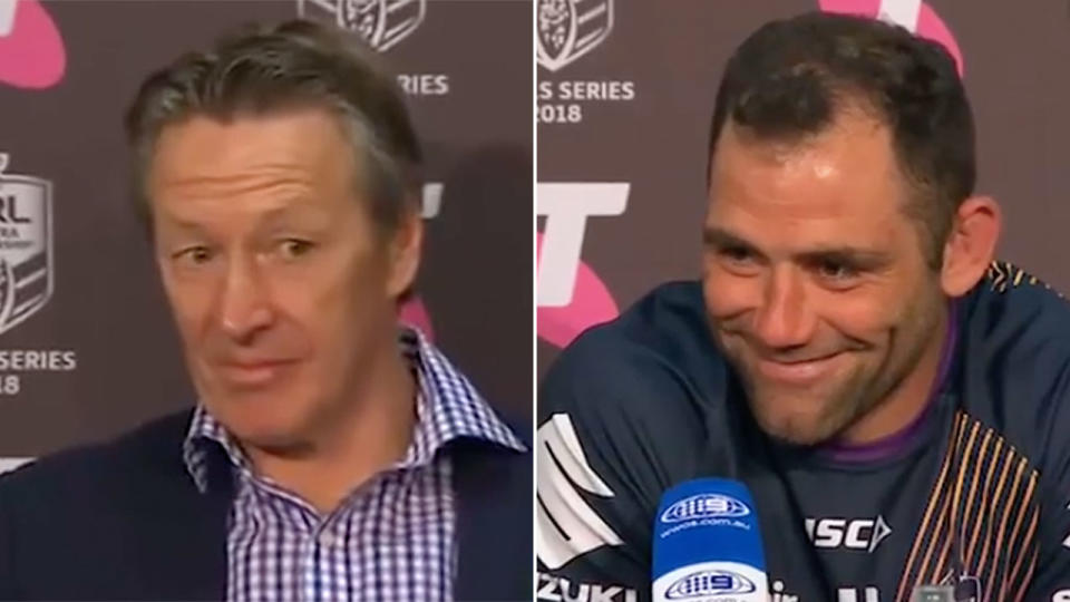 An awkward moment between Craig Bellamy and Cameron Smith after he teased the media with retirement talk. Pic: Seven