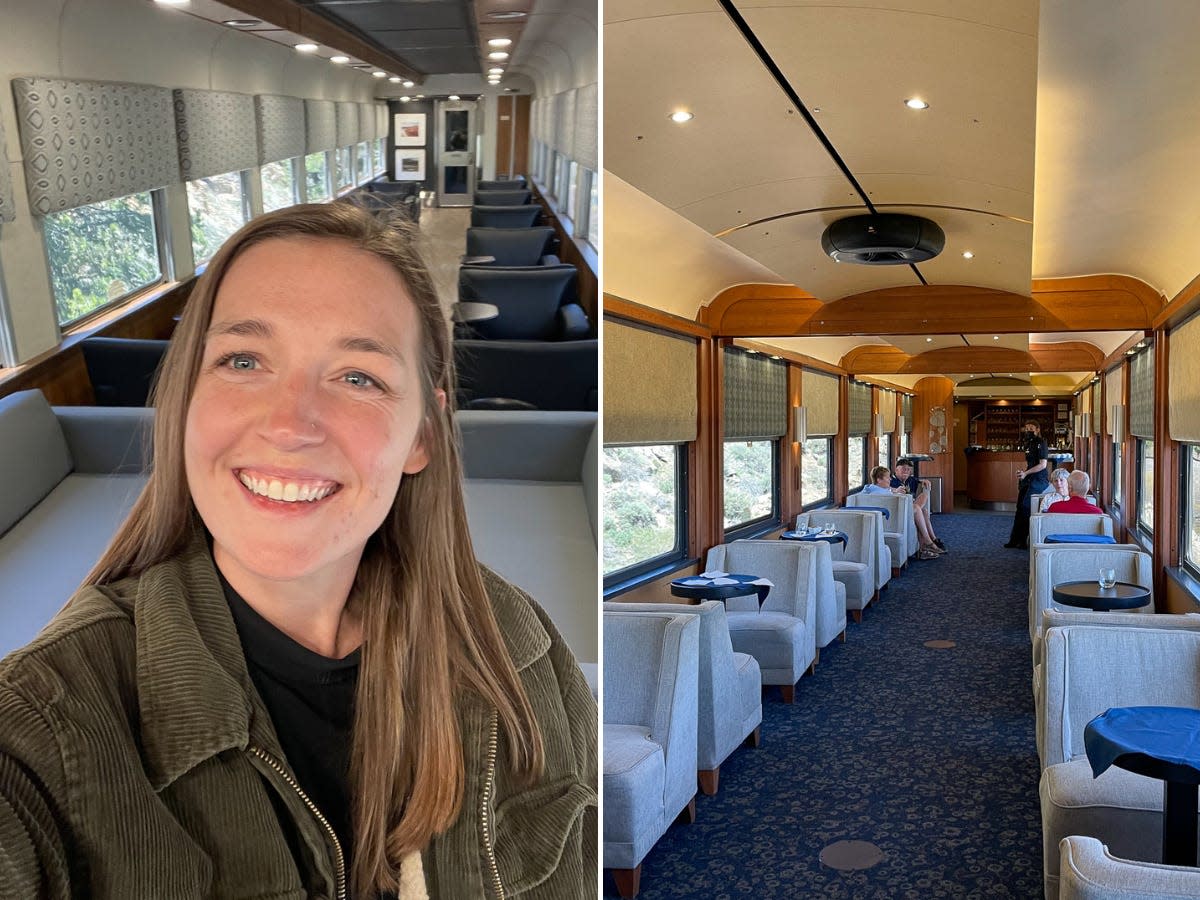 The author in the two first-class lounge cars on the Rocky Mountaineer.