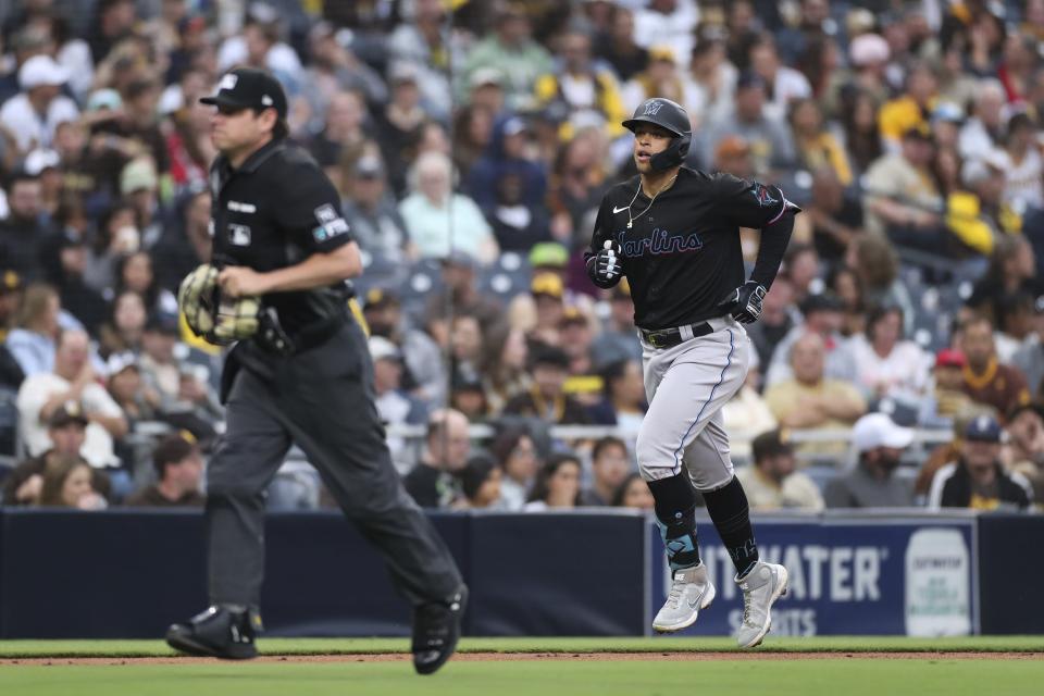 Joe Dunand trots home after hitting a solo home run in his first MLB at-bat with the Miami Marlins two weeks ago against the San Diego Padres. Two days later, he was sent back to the Triple-A Jacksonville Jumbo Shrimp and hopes to return to the Marlins for a long-term stay.