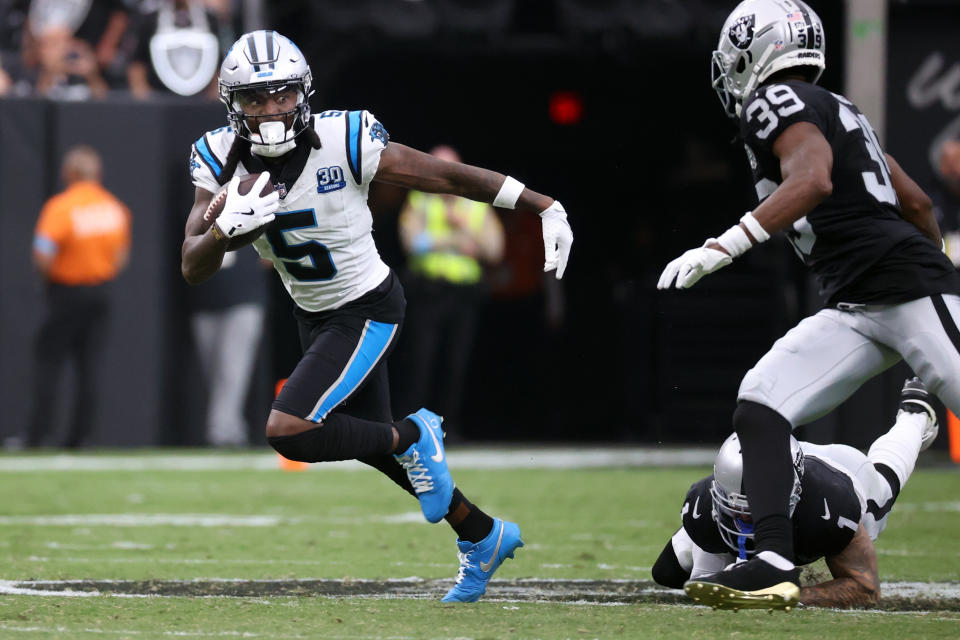 Diontae Johnson #5 of the Carolina Panthers runs with the ball during the second quarter against the Las Vegas Raiders at Allegiant Stadium on September 22, 2024 in Las Vegas, Nevada. (Photo by Ian Maule/Getty Images)