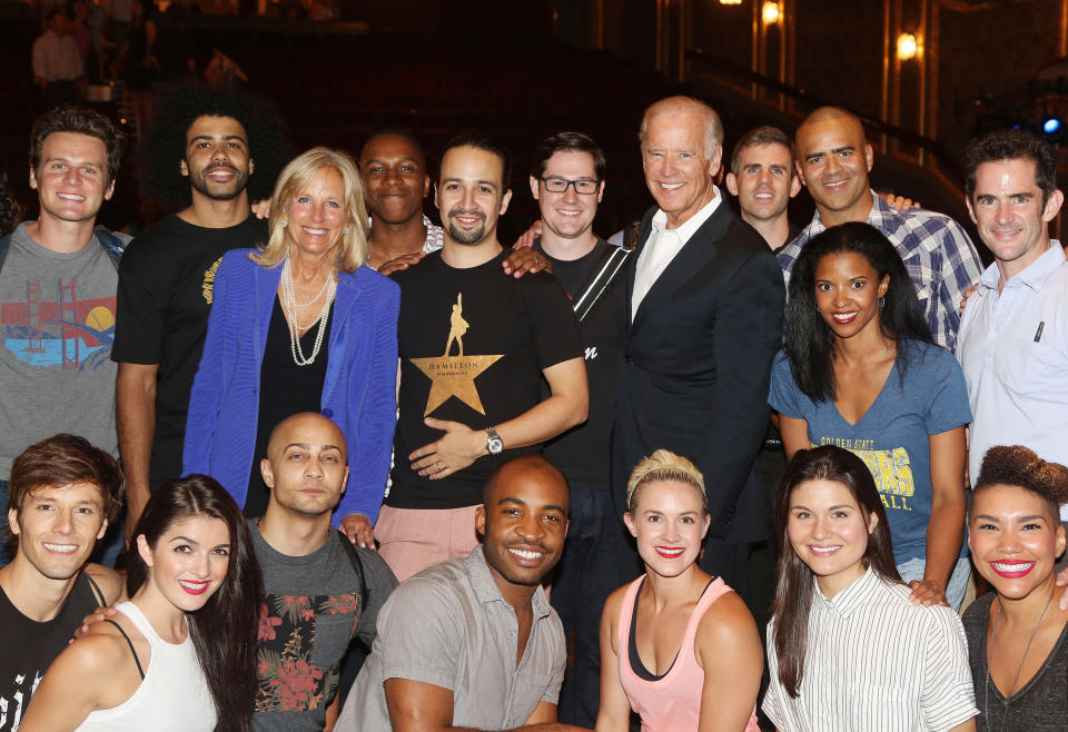 NEW YORK, NY - JULY 27:  Vice President of the United States Joe Biden and wife Jill Biden visit the cast of the hit new musical 'Hamilton' on Broadway at The Richard Rogers Theater on July 27, 2015 in New York City.  (Photo by Bruce Glikas/FilmMagic)