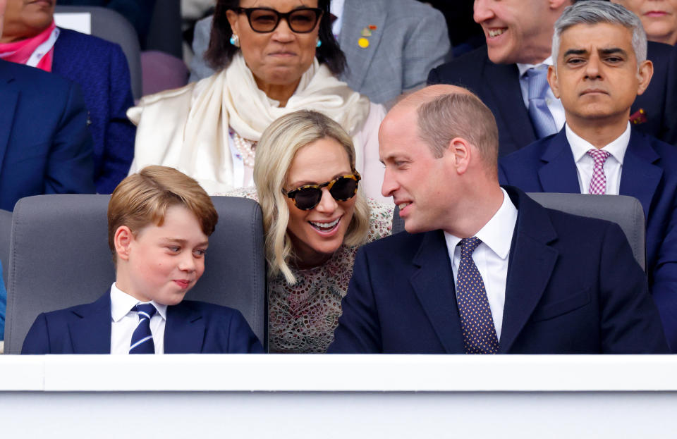 Prince George of Cambridge, Zara Tindall and Prince William, Duke of Cambridge attend the Platinum Pageant on The Mall on June 5, 2022 in London, England. The Platinum Jubilee of Elizabeth II is being celebrated from June 2 to June 5, 2022, in the UK and Commonwealth to mark the 70th anniversary of the accession of Queen Elizabeth II on 6 February 1952. (Photo by Max Mumby/Indigo/Getty Images)