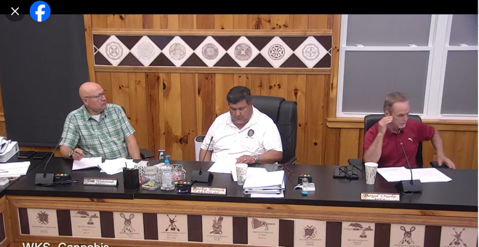 At a Cherokee tribal council work session Monday, April 15, 2024, council member Boyd Owle, far right, announces that the tribe’s adult-use cannabis ordinance should be finished and voted on in June. That would open the tribe’s medical cannabis dispensary to recreational-use adult buyers.