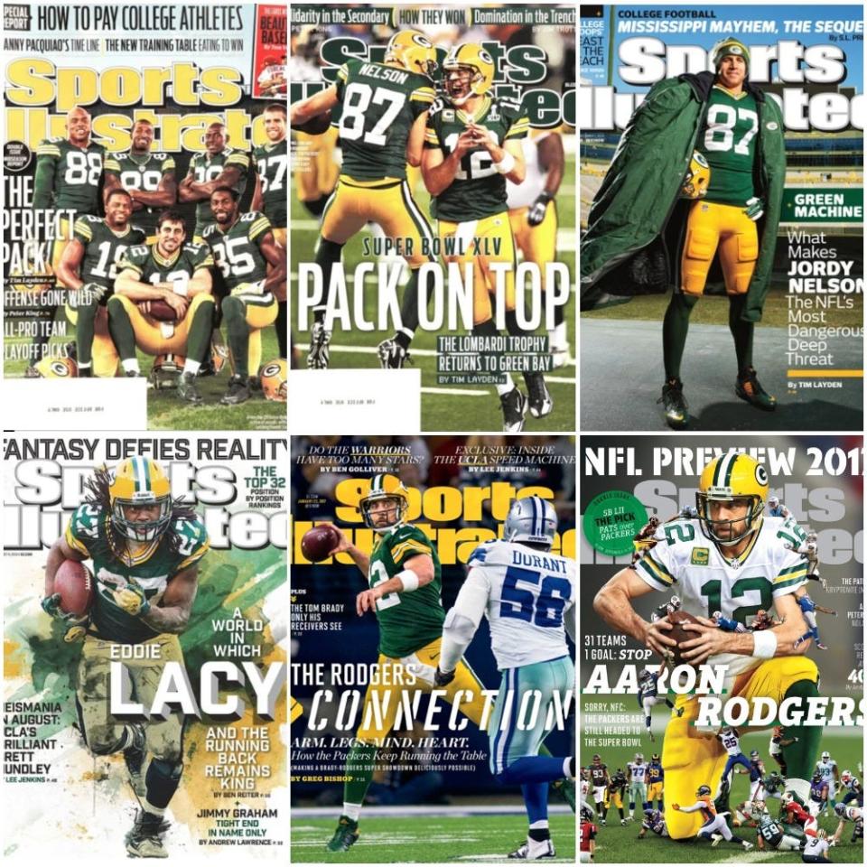 Covers feature (clockwise from left) Members of the 2011 Packers, Aaron Rodgers and Jordy Nelson, Nelson again, Eddie Lacy and Aaron Rodgers (twice).