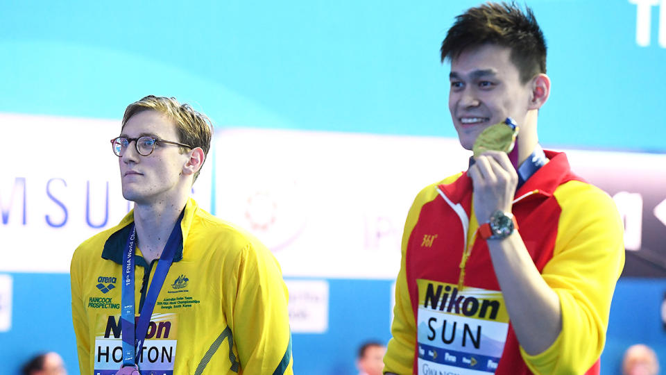 Mack Horton (pictured left) protests against Sun Yang (pictured right) at the Gwangju 2019 FINA World Championships. (Photo by Quinn Rooney/Getty Images)