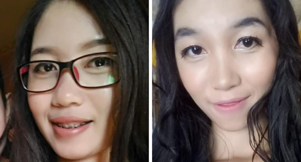 Pictured left is Treni Mustika and right is her long-lost twin sister Treni Fitri Yana. 