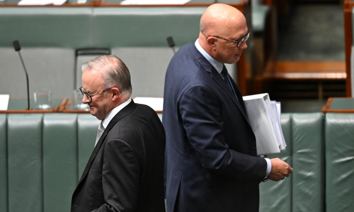 <span>The latest Guardian Essential poll found 47% of respondents disapprove of prime minister Anthony Albanese’s performance and 44% disapprove of the job Peter Dutton (right) is doing as opposition leader. </span><span>Photograph: Lukas Coch/AAP</span>
