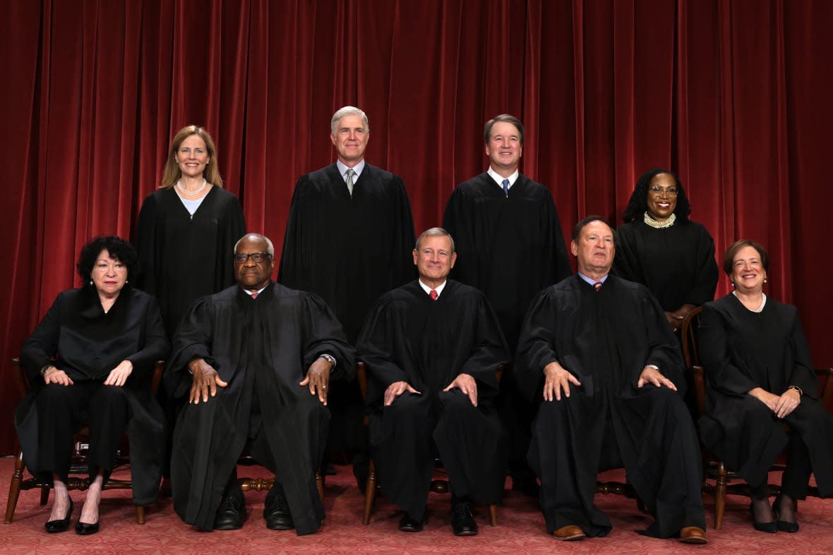 United States Supreme Court (front row L-R) Associate Justice Sonia Sotomayor, Associate Justice Clarence Thomas, Chief Justice of the United States John Roberts, Associate Justice Samuel Alito, and Associate Justice Elena Kagan, (back row L-R) Associate Justice Amy Coney Barrett, Associate Justice Neil Gorsuch, Associate Justice Brett Kavanaugh and Associate Justice Ketanji Brown Jackson pose for their official portrait at the East Conference Room of the Supreme Court building on October 7, 2022 in Washington, D.C. (Photo by Alex Wong/Getty Images)