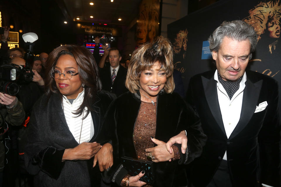 NEW YORK, NEW YORK - NOVEMBER 07:   Oprah Winfrey, Tina Turner and Erwin Bach arrive at the opening night of 