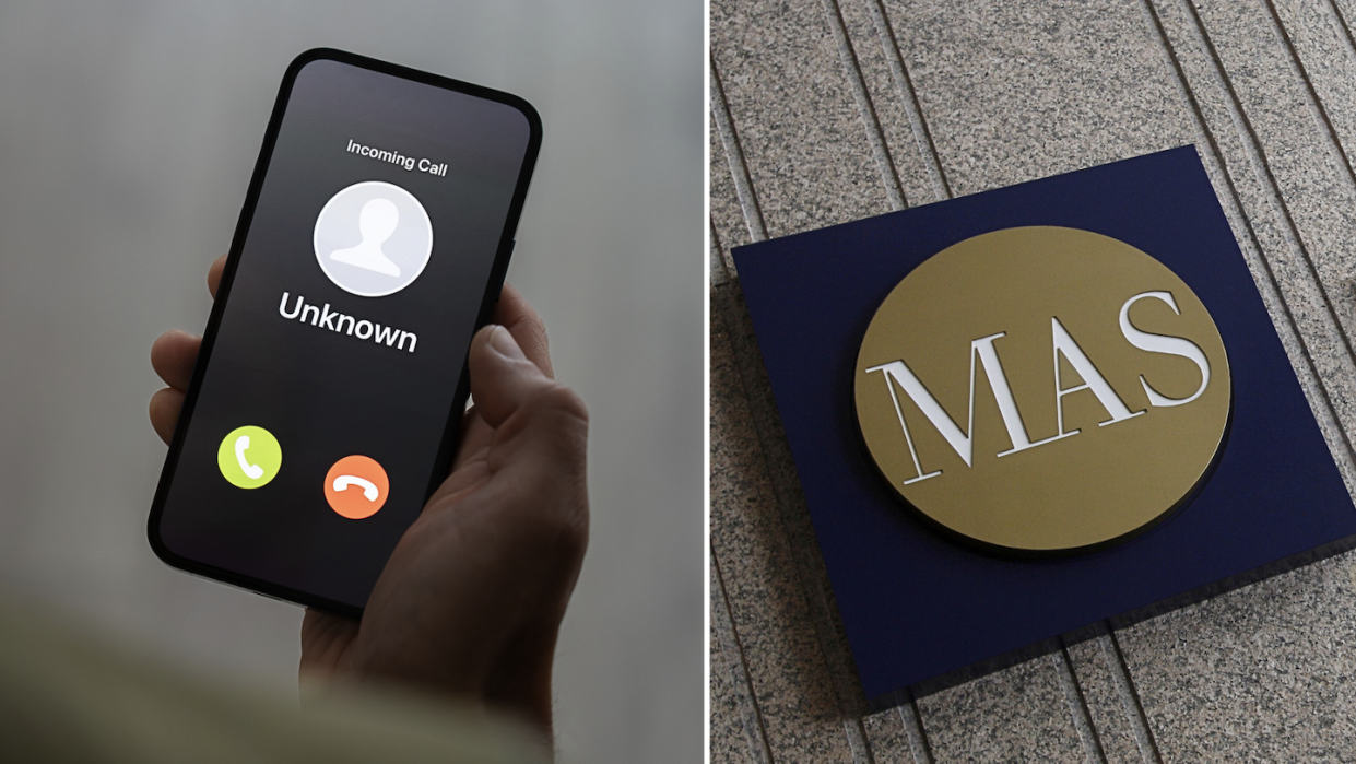 Unknown phone call (left) and Monetary Authority of Singapore (MAS) logo (Photos: Getty Images and Edgar Su/Reuters) 