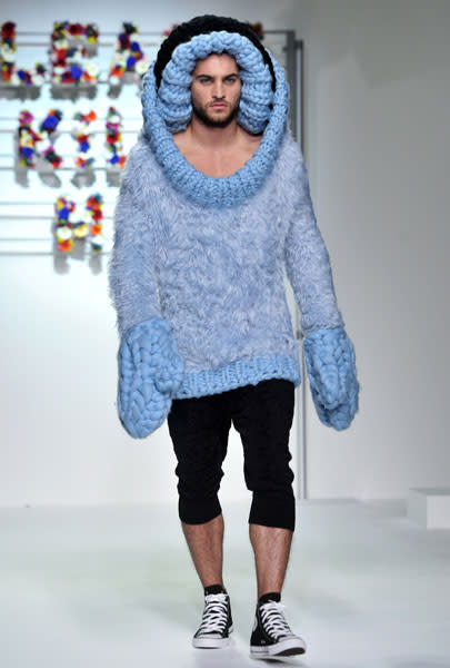 <b>Model, Sibling</b><br><br>This model at the Sibling fashion show sported a yeti-style baby blue jumper complete with oversized mittens.