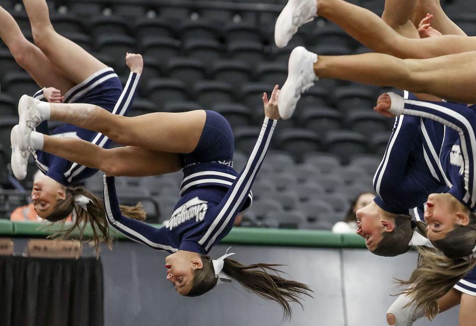 Corner Canyon High School competes in the 6A Competitive Cheer Tournament at the UCCU Center at Utah Valley University in Orem on Thursday, Jan. 25, 2023. | Laura Seitz, Deseret News