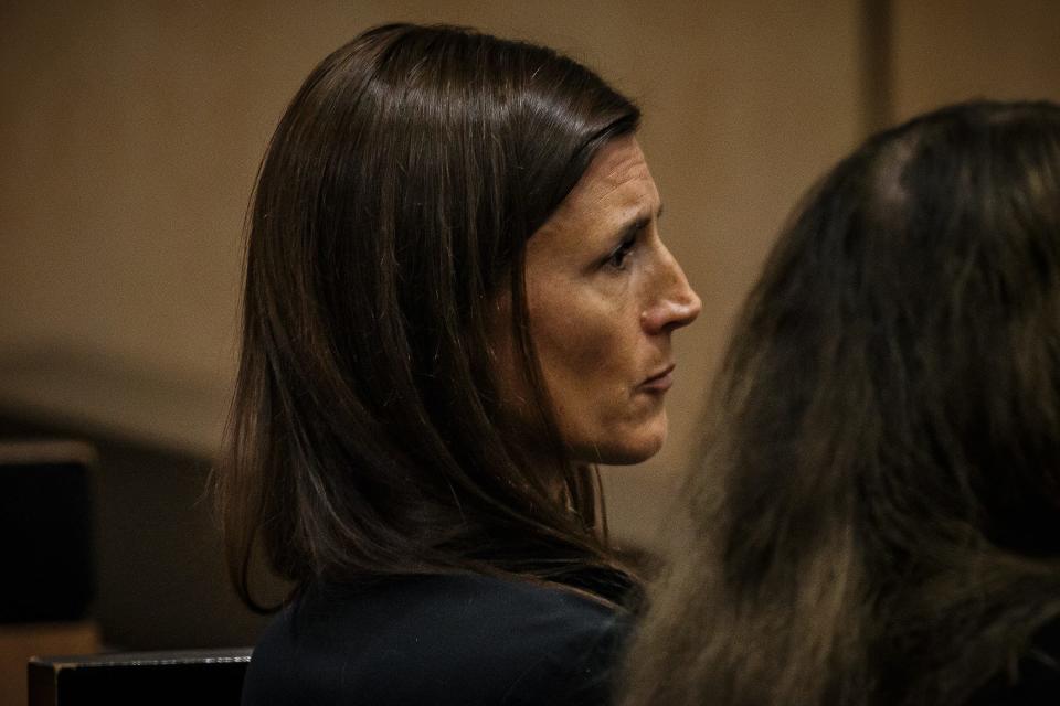 Tracey Ferriter sits in the public viewing benches in the courtroom during the aggravated child abuse trial of her husband Timothy Ferriter, of Jupiter, at the Palm Beach County Courthouse in downtown West Palm Beach, Fla., on October 3, 2023.