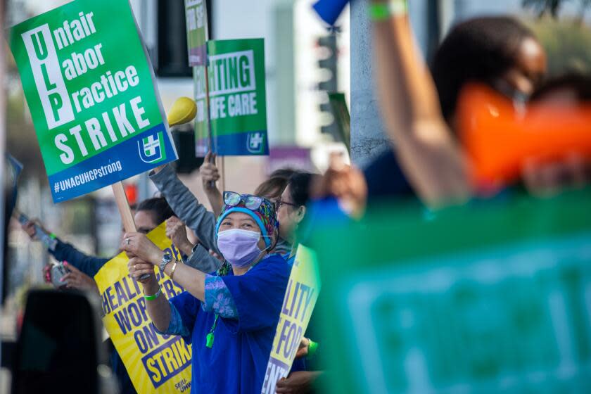 Lynwood, CA - September 28: Hundreds of medical personnel at St. Francis Medical Center in Lynwood walk out on Thursday, Sept. 28, 2023. Today is the start of a five-day strike against Prime Healthcare which owns hospitals in 14 states. (Francine Orr / Los Angeles Times)