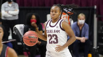 Texas A&M guard McKinzie Green (23) brings the ball down the court against Lamar during the second half of an NCAA college basketball game Wednesday, Nov. 25, 2020, in College Station, Texas. (AP Photo/Sam Craft)