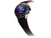 <p>Off angle view of the Tag Heuer Connected Limited Edition Super Mario with a black-and-red strap. The watch face features Mario holding his cap up.</p> 