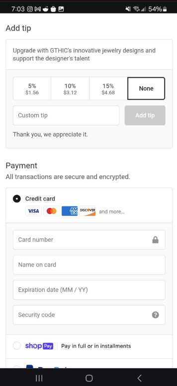 Tip options with percentages and corresponding dollar amounts, plus a custom tip field. Below, a payment form accepts credit cards, with fields for card details and Shop Pay or PayPal options