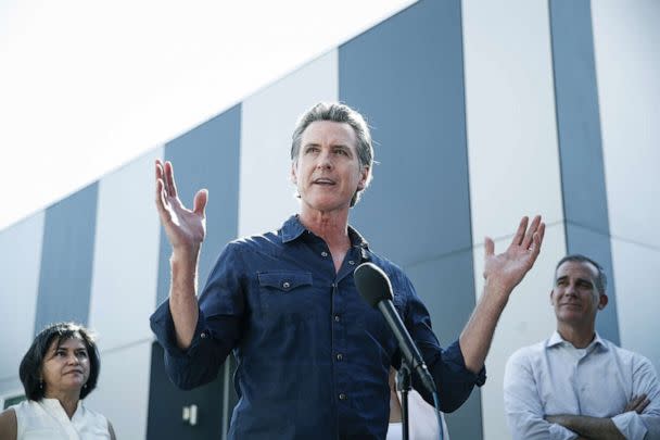 PHOTO: California Governor Gavin Newsom speaks during a news conference to announce 694 million dollar in Homekey awards to create more than 2,500 new homeless housing units statewide, at a Homekey site in Los Angeles, Aug. 24, 2022. (Caroline Brehman/EPA via Shutterstock)