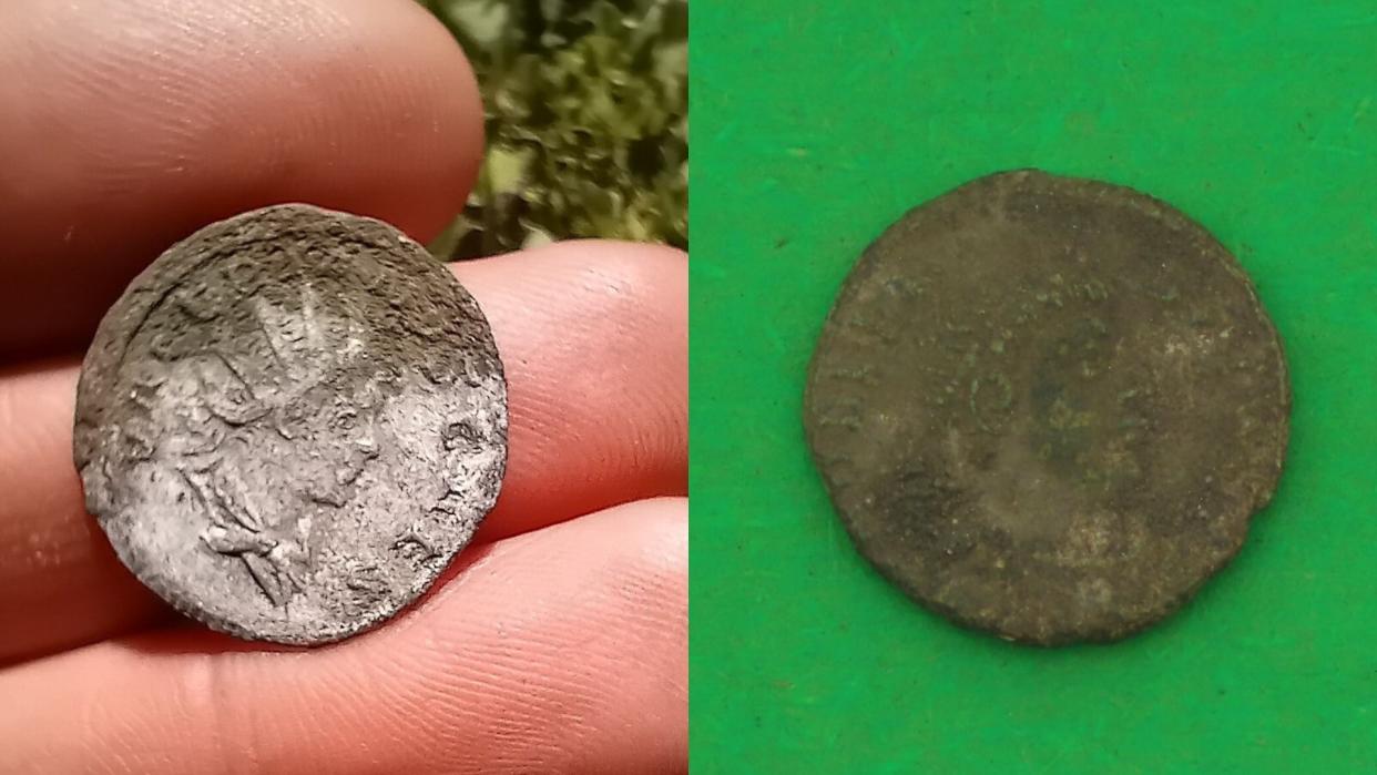  Two close-ups of the Roman coins found at the site. 