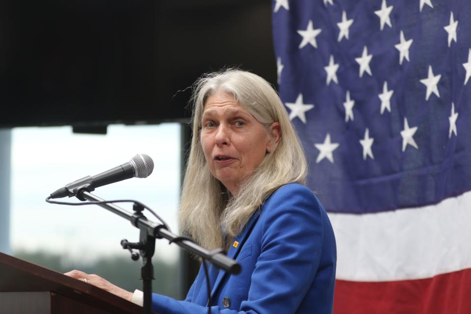 Jill Hruby, administrator of the National Nuclear Security Administration speaks to a group of attendees about the NNSA's plans at WIPP, April 5, 2023 at the Carlsbad Municipal Golf Course.