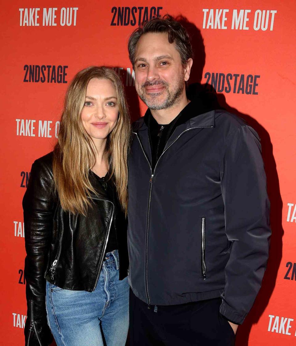 Amanda Seyfried and Thomas Sadoski pose at the opening night of Second Stage Theater's production of "Take Me Out" on Broadway at The Hayes Theatre on April 4, 2022 in New York City