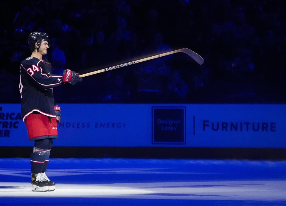 Sun., Mar. 13, 2022; Columbus, Ohio, USA; Columbus Blue Jackets center Cole Sillinger, who had a hat trick in the first period, is recognized following the Blue Jackets 6-4 victory against the Vegas Golden Knights during a NHL game at Nationwide Arena.  NHL game between the Columbus Blue Jackets and the Vegas Golden Knights at Nationwide Arena. 