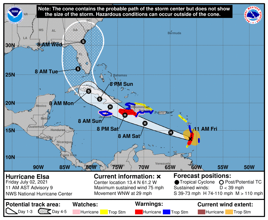 The forecast track for Hurricane Elsa shows it approaching Florida by early next week.