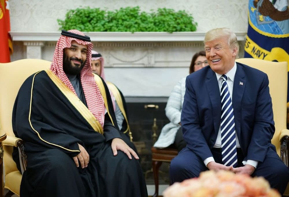 President Trump smiles after welcoming Crown Prince Mohammed bin Salman to the Oval Office in 2018. (AFP)