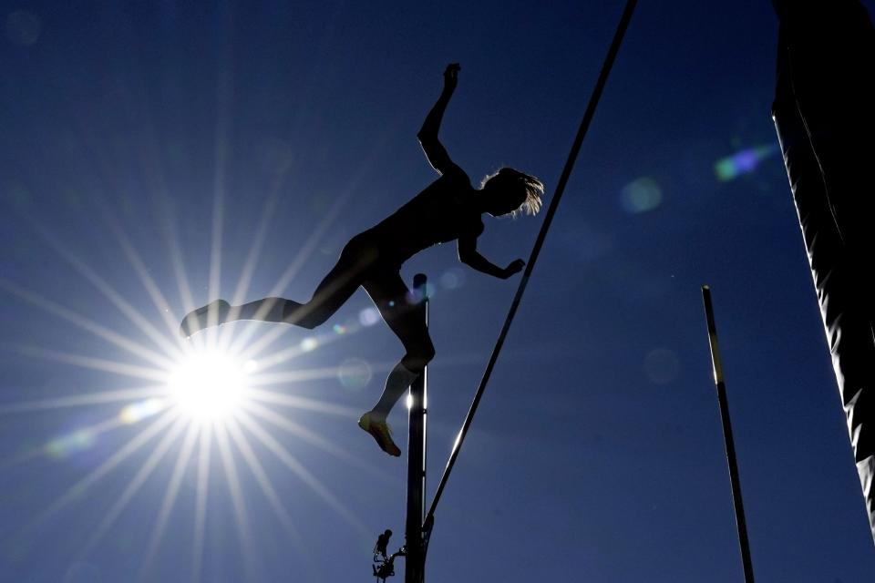 Tina Sutej, of Slovenia, competes during the women's pole vault final at the World Athletics Championships on Sunday, July 17, 2022, in Eugene, Ore. (AP Photo/David J. Phillip)