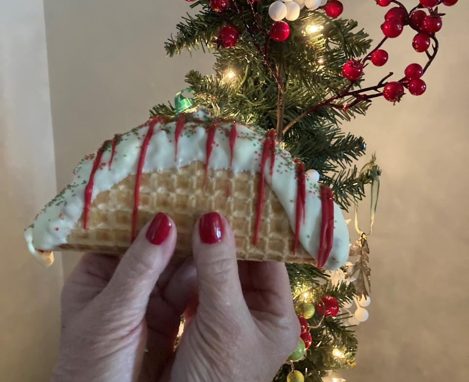 The Boom Taco, filled with Christmas Tree Cake ice cream, from Boombalatti's Homemade Ice Cream, which has locations in Wilmington and Hampstead. ALLISON BALLARD/STARNEWS