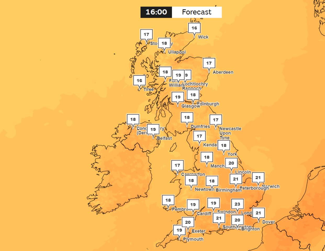 The predicted temperatures on Saturday. (Met Office)