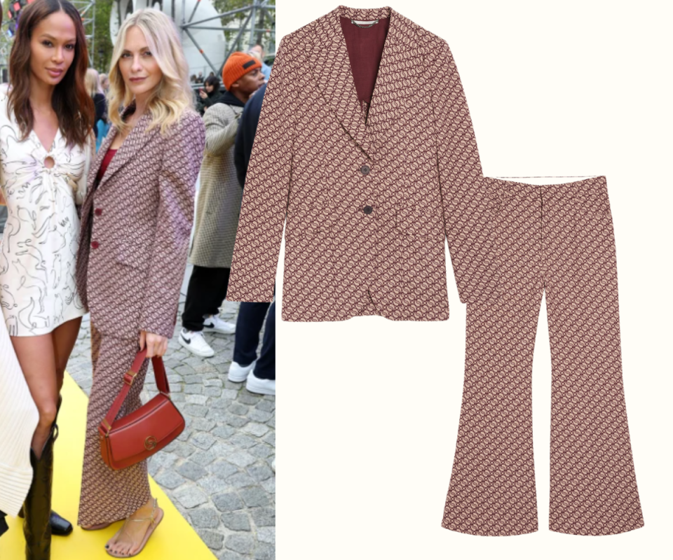 Poppy Delevigne poses in a Stella McCartney's new S-wave suit set at Paris fashion week.