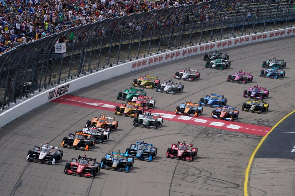Will Power leads the field at the start of an IndyCar Series on Saturday at Iowa Speedway in Newton, Iowa.