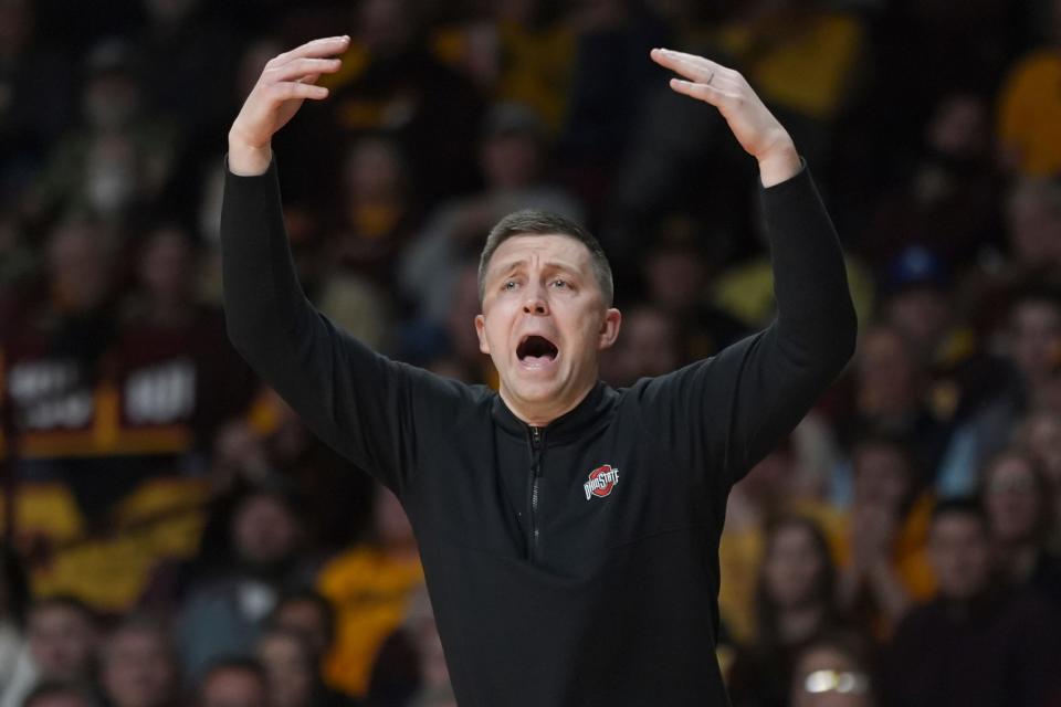 Ohio State interim head coach Jake Diebler yells during the second half of an NCAA college basketball game against Minnesota, Thursday, Feb. 22, 2024, in Minneapolis. (AP Photo/Abbie Parr)