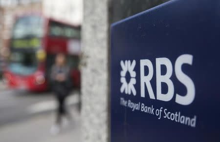 A sign is displayed outside of a branch of The Royal Bank of Scotland in central London, Britain May 20, 2015. REUTERS/Neil Hall