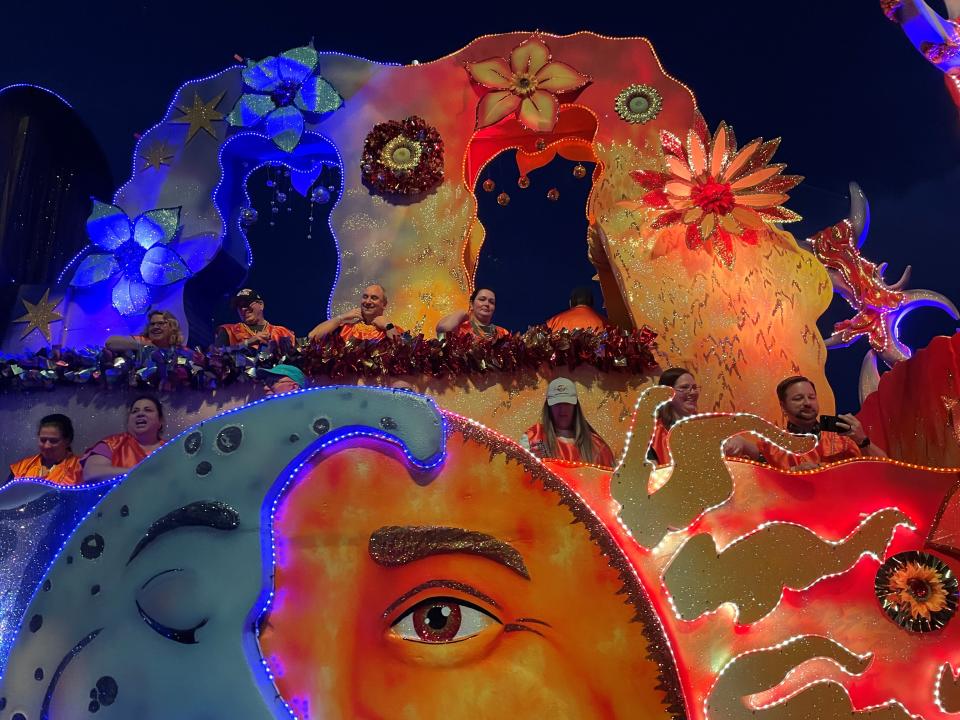 Get ready to catch a ton of beads at the Universal Orlando Mardi Gras parade. The spectacular floats, which feature an elemental theme, are all glittered by hand.