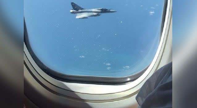 The jet was spotted trailing a passenger aircraft for 15 minutes. Source: Twitter