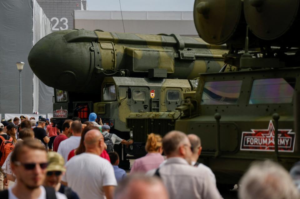 2023年8月18日，俄羅斯莫斯科愛國者會議展覽中心（Patriot Ekspo）舉行國際軍事技術論壇，展品包含俄羅斯白楊（Topol）彈道飛彈發射器。路透社